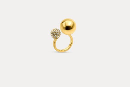Gold dual sphere ring with two spherical tops and pavé detail band