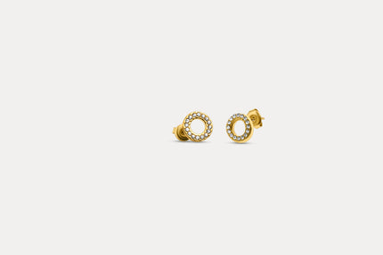 Gold circle stud earrings with round pavé halo and stud back