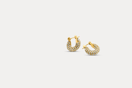 Gold mini zirconia hoop earrings, studded pavé stones, pair view