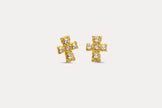 Gold cross stud earrings with blue crystal details
