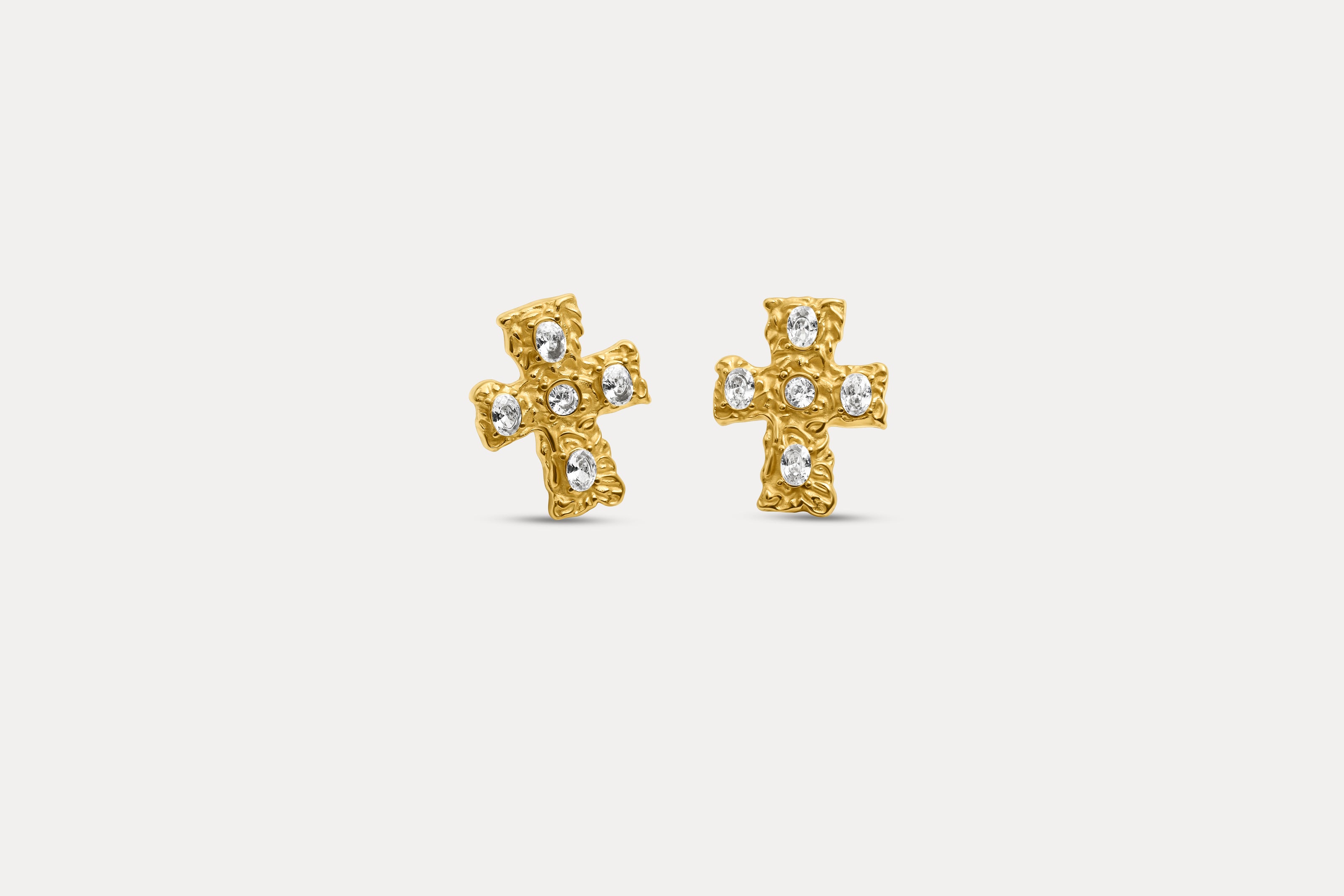Gold cross stud earrings with blue crystal details