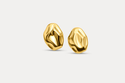 Pair of textured gold stud earrings with faceted rounded molten-look design