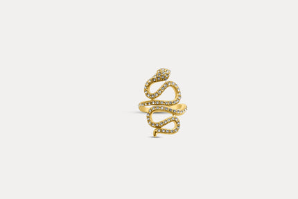 Gold serpent pavé ring, open coiled shape with glittering stone accents