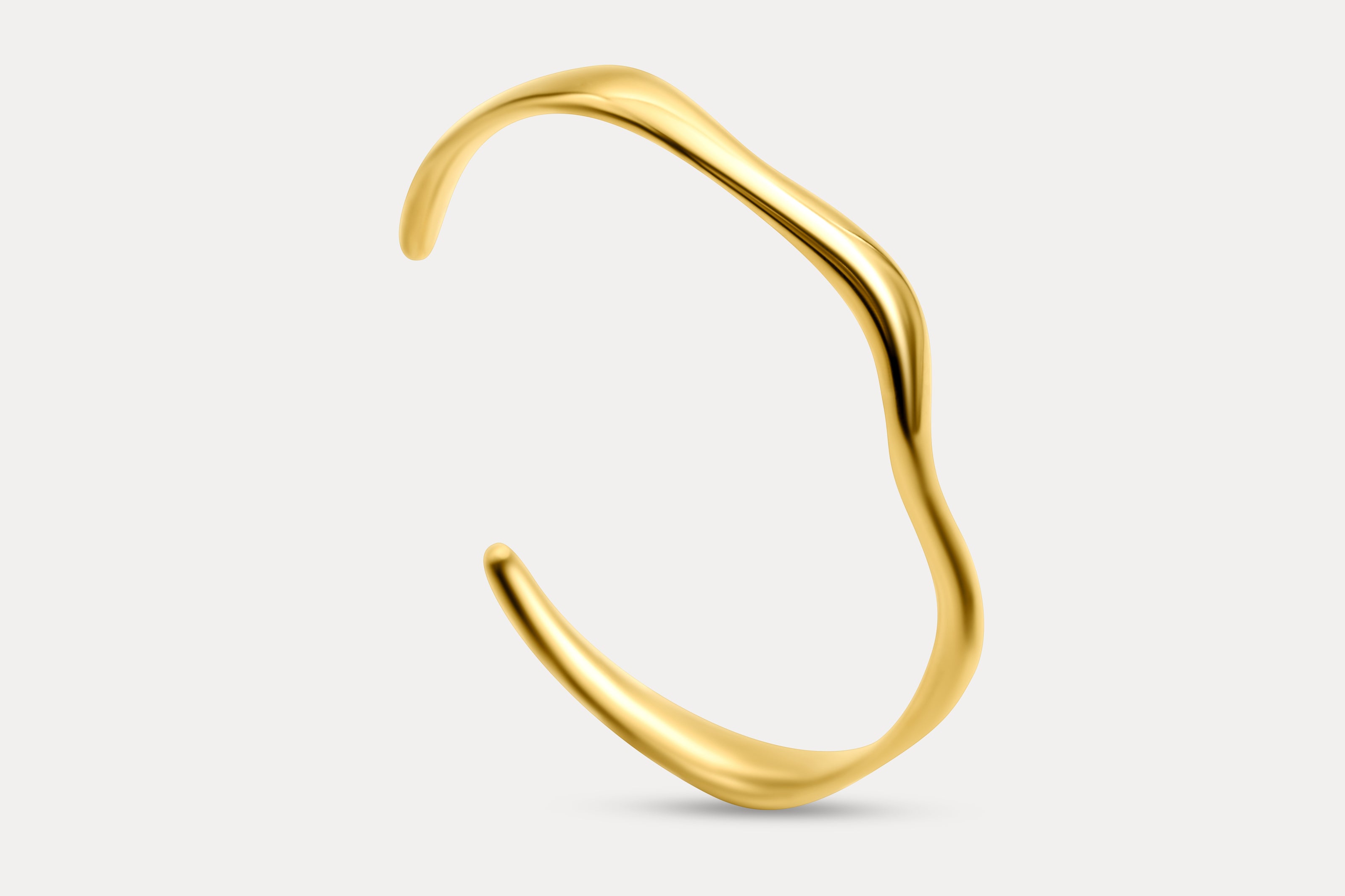 Gold wave cuff bracelet, smooth open bangle with curved wave shape