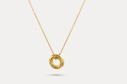 Gold chain necklace with round halo pendant, gold inner circle detail