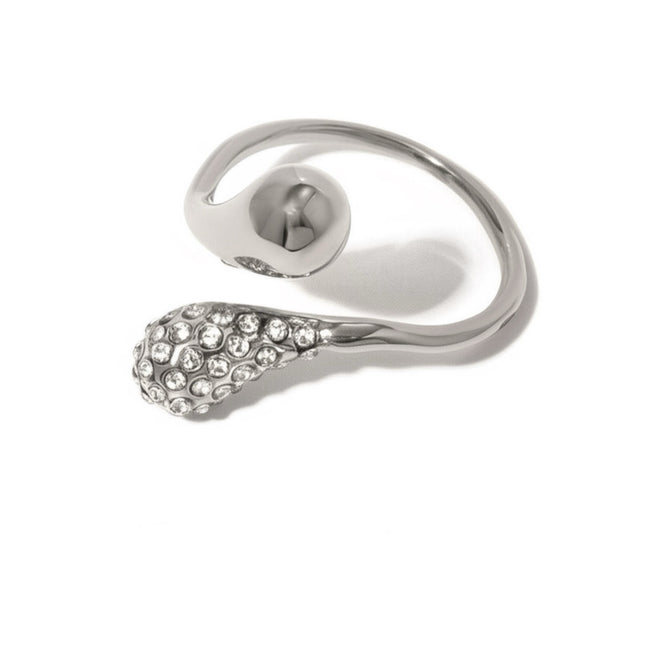 Silver dual-crystal ring with open oval top and teardrop crystal band