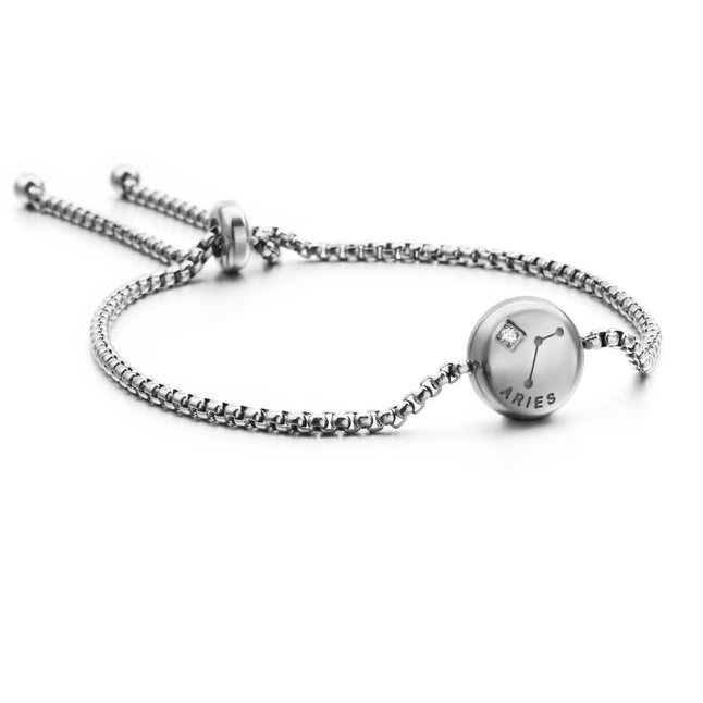 Silver zodiac charm bracelet with Aries round pendant and small crystal detail